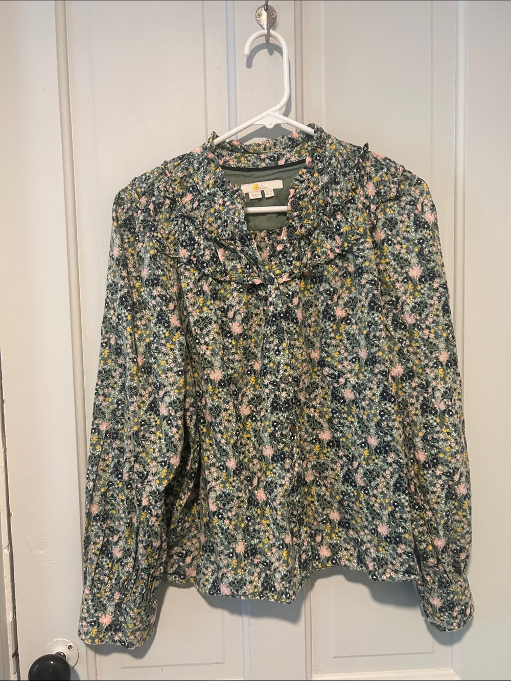 Boden Green Multi Floral Ruffle-Front Button Down Shirt